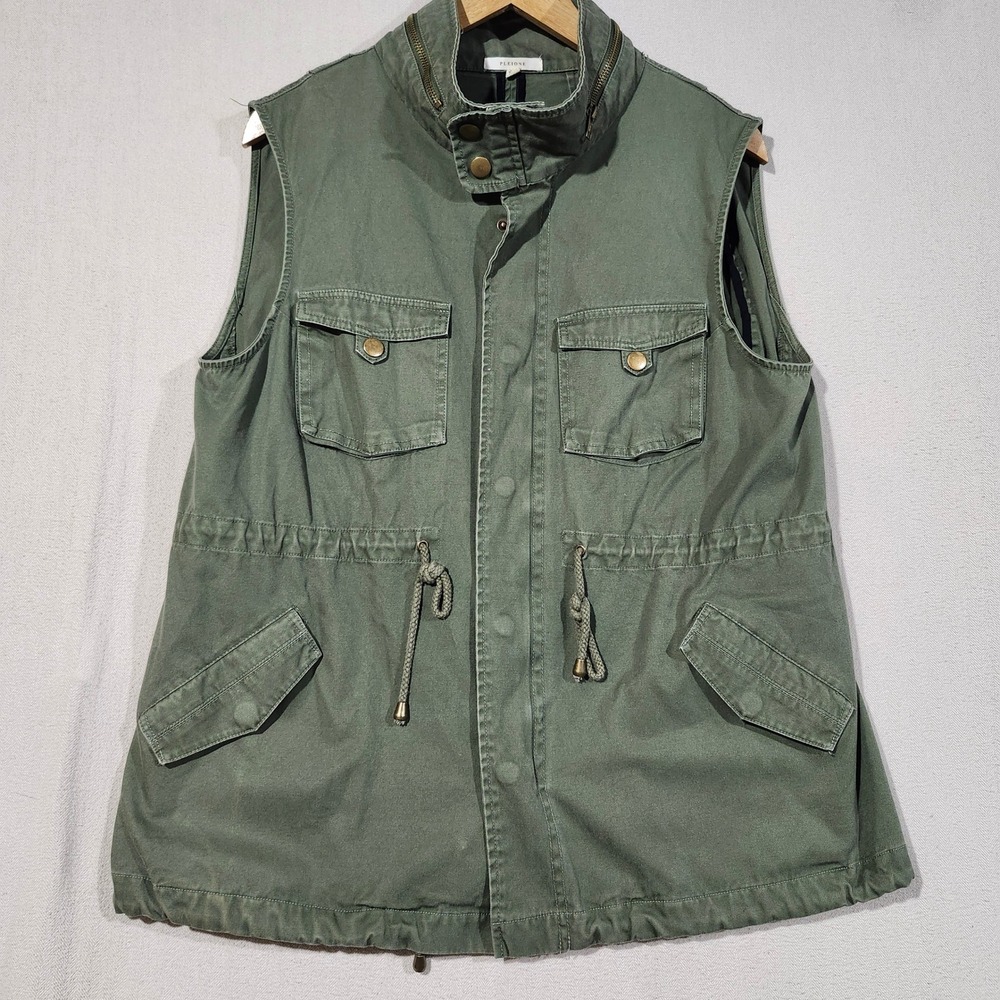 Pleione Womens Olive Green Cotton Utility Military Vest XL Petite Fall Layering